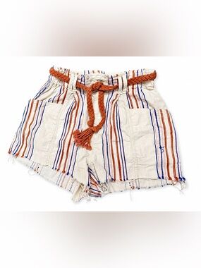 We The Free Linen Blend Striped Paperbag Shorts Boho Coastal Raw Hem-Sz 28